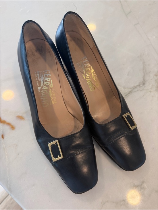 Salvatore Ferragamo Shoes - Salvatore Ferragamo Black Leather Square-Toe Pumps with Gold Buckle Accent